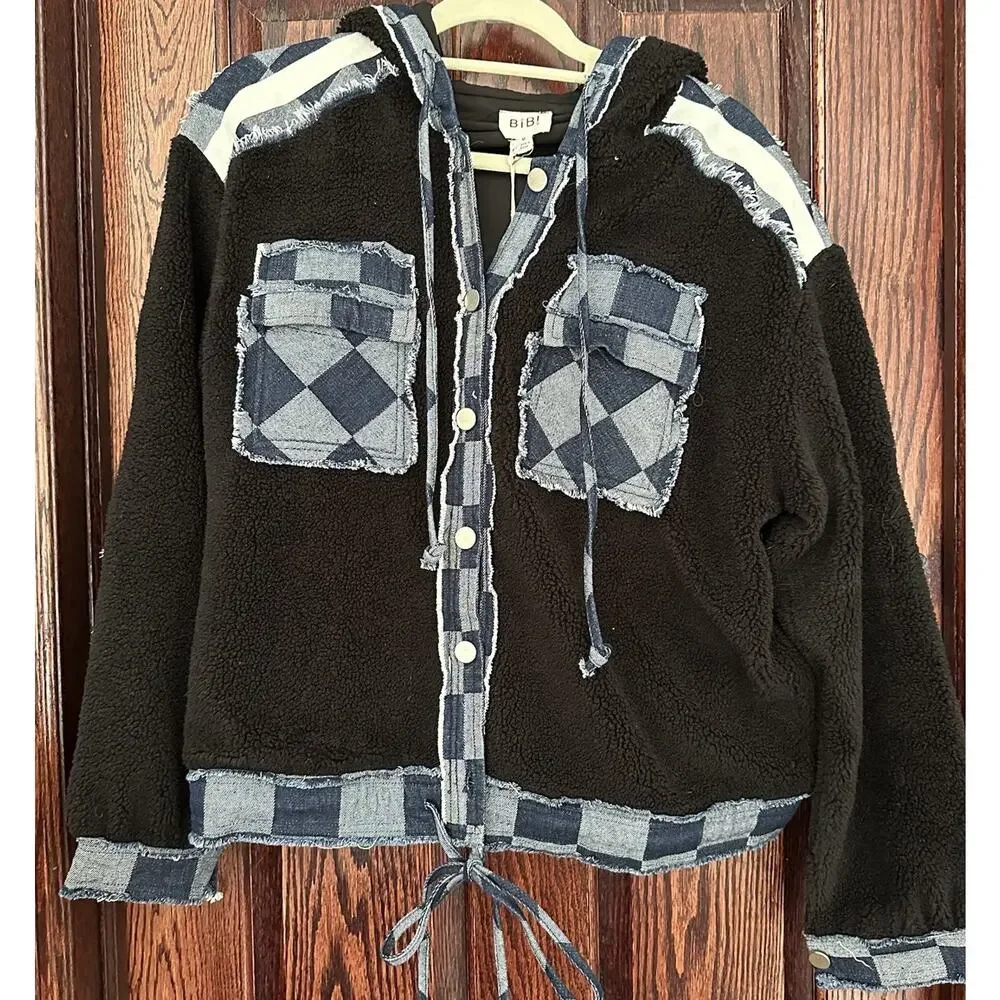 Bibi Jacket Checkered Denim and Sherpa Women's M Blue And Black - Picture 2 of 5